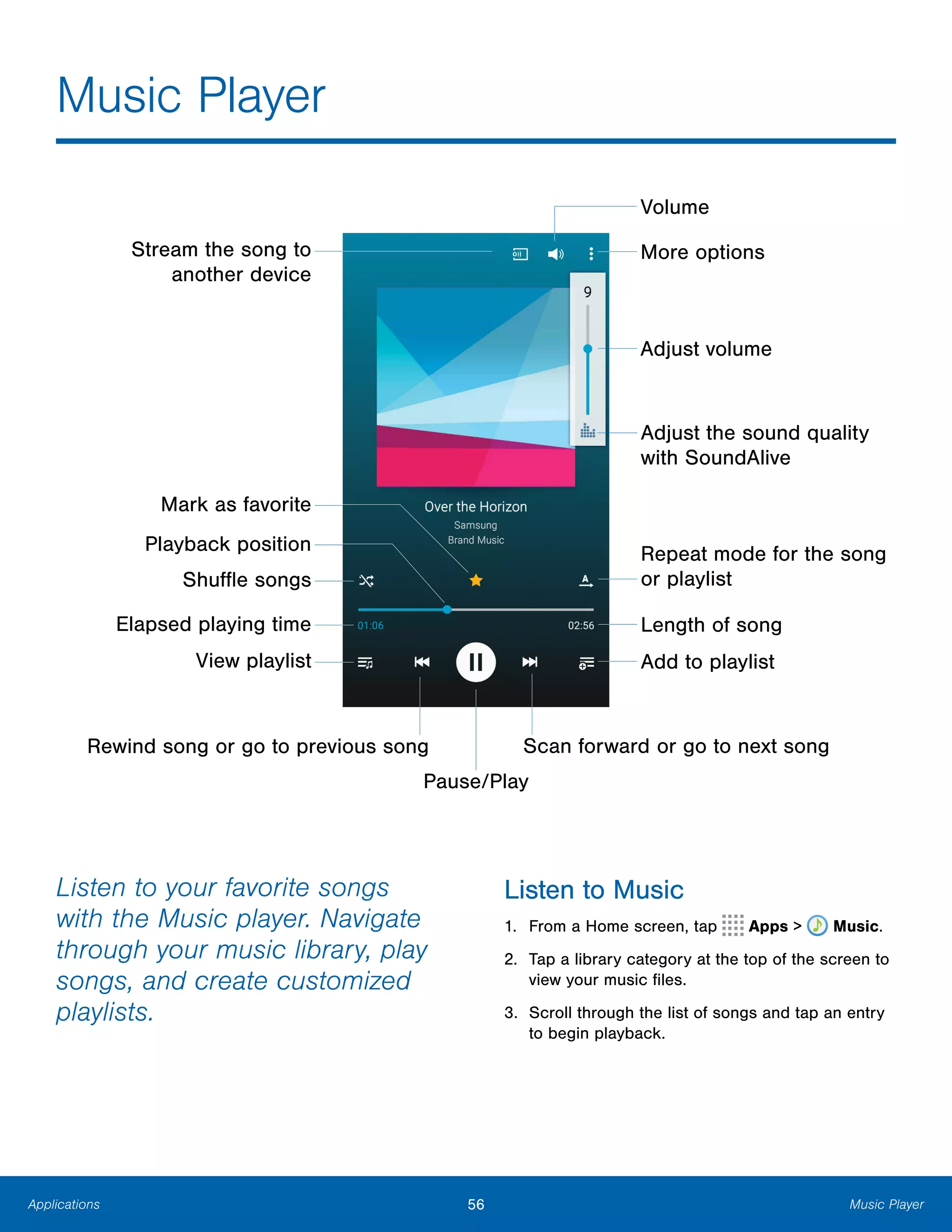 56 Music PlayerApplications
Music Player

Stream the song to 

another device

Mark as favorite

Playback position

Shuffle songs

Elapsed playing time

View playlist

Rewind song or go to previous song
Volume
More options
Adjust volume
Adjust the sound quality
with SoundAlive
Repeat mode for the song
or playlist
Length of song
Add to playlist
Scan forward or go to next song
Pause/Play
Listen to your favorite songs
with the Music player. Navigate
through your music library, play
songs, and create customized
playlists.
Listen to Music
1. From a Home screen, tap Apps >  Music.
2. Tap a library category at the top of the screen to
view your music files.
3. Scroll through the list of songs and tap an entry
to begin playback.
 