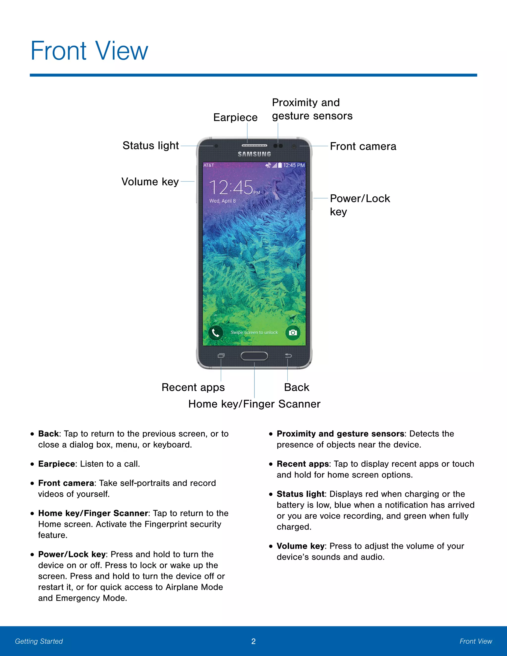 2 Front ViewGetting Started
Earpiece
Status light
Volume key
Recent apps
Proximity and
gesture sensors
Front camera
Power/Lock
key
Back
Home key/Finger Scanner
Front View

• Back: Tap to return to the previous screen, or to
close a dialog box, menu, or keyboard.
• Earpiece: Listen to a call.
• Front camera: Take self-portraits and record
videos of yourself.
• Home key/Finger Scanner: Tap to return to the
Home screen. Activate the Fingerprint security
feature.
• Power/Lock key: Press and hold to turn the
device on or off. Press to lock or wake up the
screen. Press and hold to turn the device off or
restart it, or for quick access to Airplane Mode
and Emergency Mode.
• Proximity and gesture sensors: Detects the
presence of objects near the device.
• Recent apps: Tap to display recent apps or touch
and hold for home screen options.
• Status light: Displays red when charging or the
battery is low, blue when a notification has arrived
or you are voice recording, and green when fully
charged.
• Volume key: Press to adjust the volume of your
device’s sounds and audio.
 