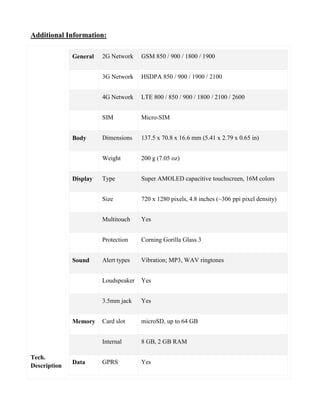 Additional Information:
Tech.
Description
General 2G Network GSM 850 / 900 / 1800 / 1900
3G Network HSDPA 850 / 900 / 1900 / 2100
4G Network LTE 800 / 850 / 900 / 1800 / 2100 / 2600
SIM Micro-SIM
Body Dimensions 137.5 x 70.8 x 16.6 mm (5.41 x 2.79 x 0.65 in)
Weight 200 g (7.05 oz)
Display Type Super AMOLED capacitive touchscreen, 16M colors
Size 720 x 1280 pixels, 4.8 inches (~306 ppi pixel density)
Multitouch Yes
Protection Corning Gorilla Glass 3
Sound Alert types Vibration; MP3, WAV ringtones
Loudspeaker Yes
3.5mm jack Yes
Memory Card slot microSD, up to 64 GB
Internal 8 GB, 2 GB RAM
Data GPRS Yes
 
