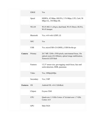 EDGE Yes
Speed HSDPA, 42 Mbps, HSUPA, 5.76 Mbps; LTE, Cat4, 50
Mbps UL, 150 Mbps DL
WLAN Wi-Fi 802.11 a/b/g/n, dual-band, Wi-Fi Direct, DLNA,
Wi-Fi hotspot
Bluetooth Yes, v4.0 with A2DP, LE
NFC Yes
USB Yes, microUSB v2.0 (MHL), USB On-the-go
Camera Primary 20.7 MP, 5248 х 3936 pixels, auto/manual focus, 10x
optical zoom (24-240mm), optical image stabilization,
Xenon & LED flash
Features 1/2.3'' sensor size, geo-tagging, touch focus, face and
smile detection, HDR, panorama
Video Yes, 1080p@60fps
Secondary Yes, 2 MP
Features OS Android OS, v4.4.2 (KitKat)
Chipset Exynos 5260
CPU Quad-core 1.3 GHz Cortex A7 & dual-core 1.7 GHz
Cortex A15
GPU Mali-T624
 