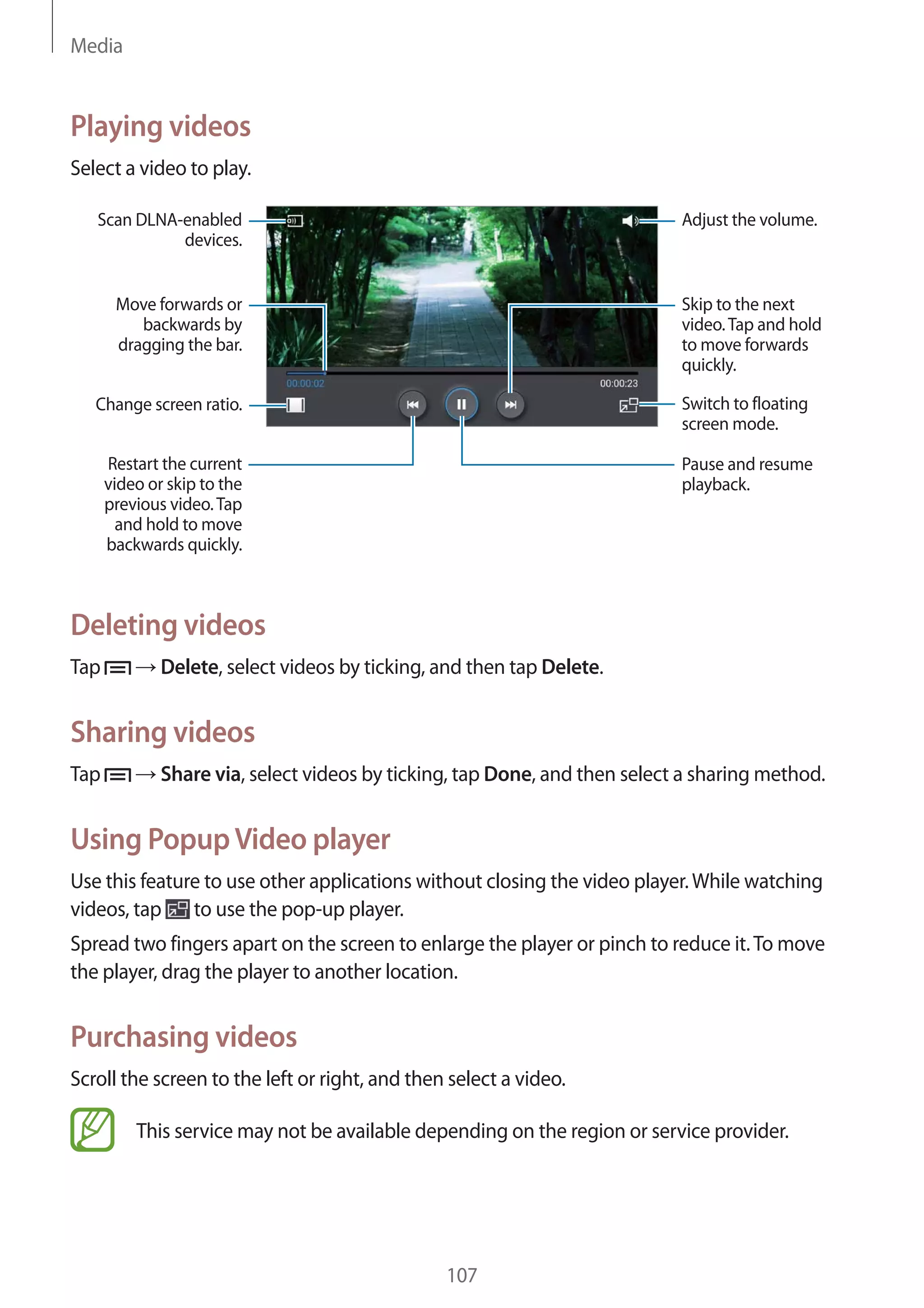 Media

Playing videos
Select a video to play.
Scan DLNA-enabled
devices.

Adjust the volume.

Move forwards or
backwards by
dragging the bar.

Skip to the next
video. Tap and hold
to move forwards
quickly.

Change screen ratio.

Switch to floating
screen mode.

Restart the current
video or skip to the
previous video. Tap
and hold to move
backwards quickly.

Pause and resume
playback.

Deleting videos
Tap

Delete, select videos by ticking, and then tap Delete.

Sharing videos
Tap

Share via, select videos by ticking, tap Done, and then select a sharing method.

Using Popup Video player
Use this feature to use other applications without closing the video player. While watching
videos, tap to use the pop-up player.
Spread two fingers apart on the screen to enlarge the player or pinch to reduce it. To move
the player, drag the player to another location.

Purchasing videos
Scroll the screen to the left or right, and then select a video.
This service may not be available depending on the region or service provider.

107

 