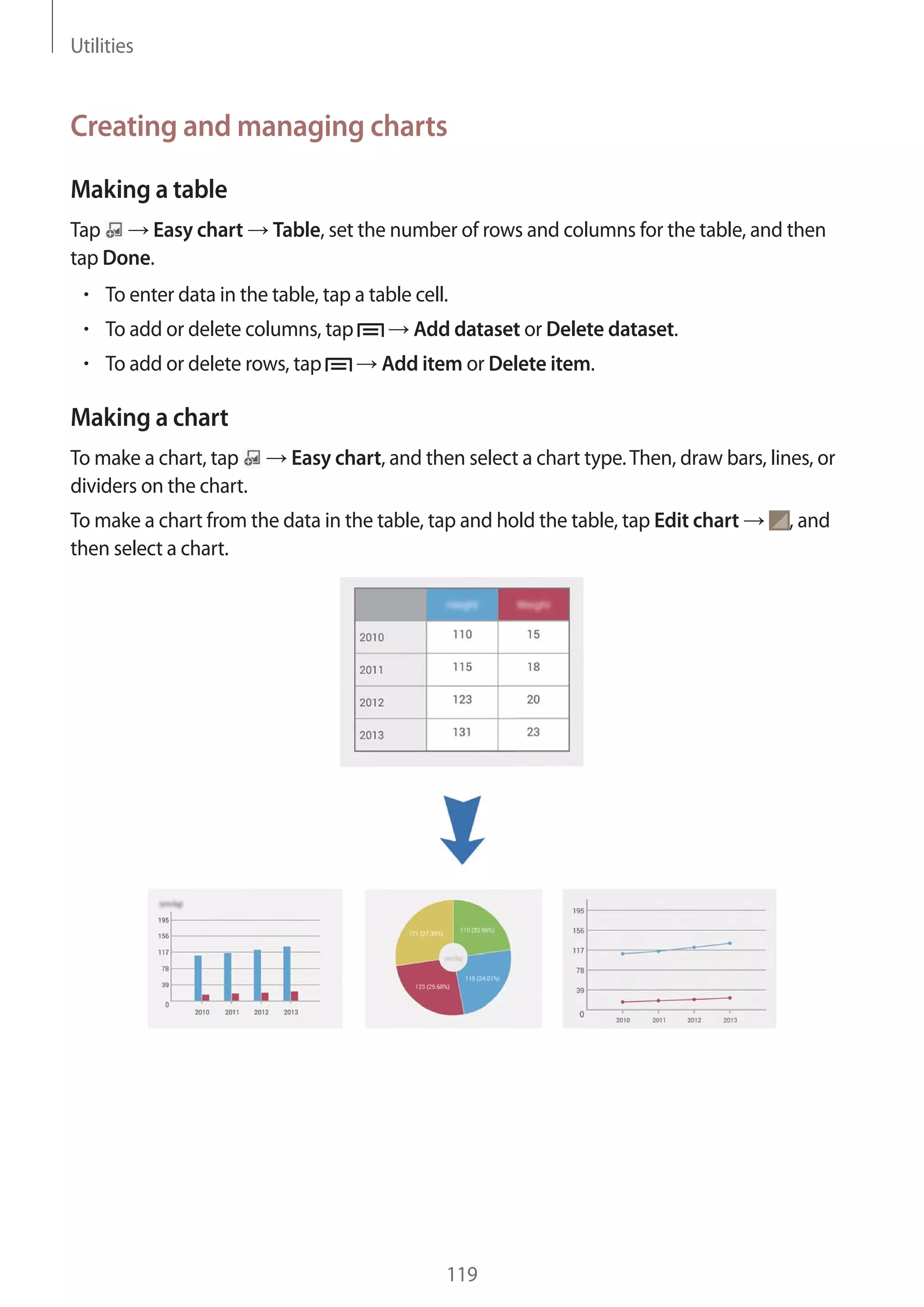 Utilities

Creating and managing charts
Making a table
Tap
Easy chart
tap Done.

Table, set the number of rows and columns for the table, and then

To enter data in the table, tap a table cell.
To add or delete columns, tap
To add or delete rows, tap

Add dataset or Delete dataset.
Add item or Delete item.

Making a chart
To make a chart, tap
dividers on the chart.

Easy chart, and then select a chart type. Then, draw bars, lines, or

To make a chart from the data in the table, tap and hold the table, tap Edit chart
then select a chart.

119

, and

 