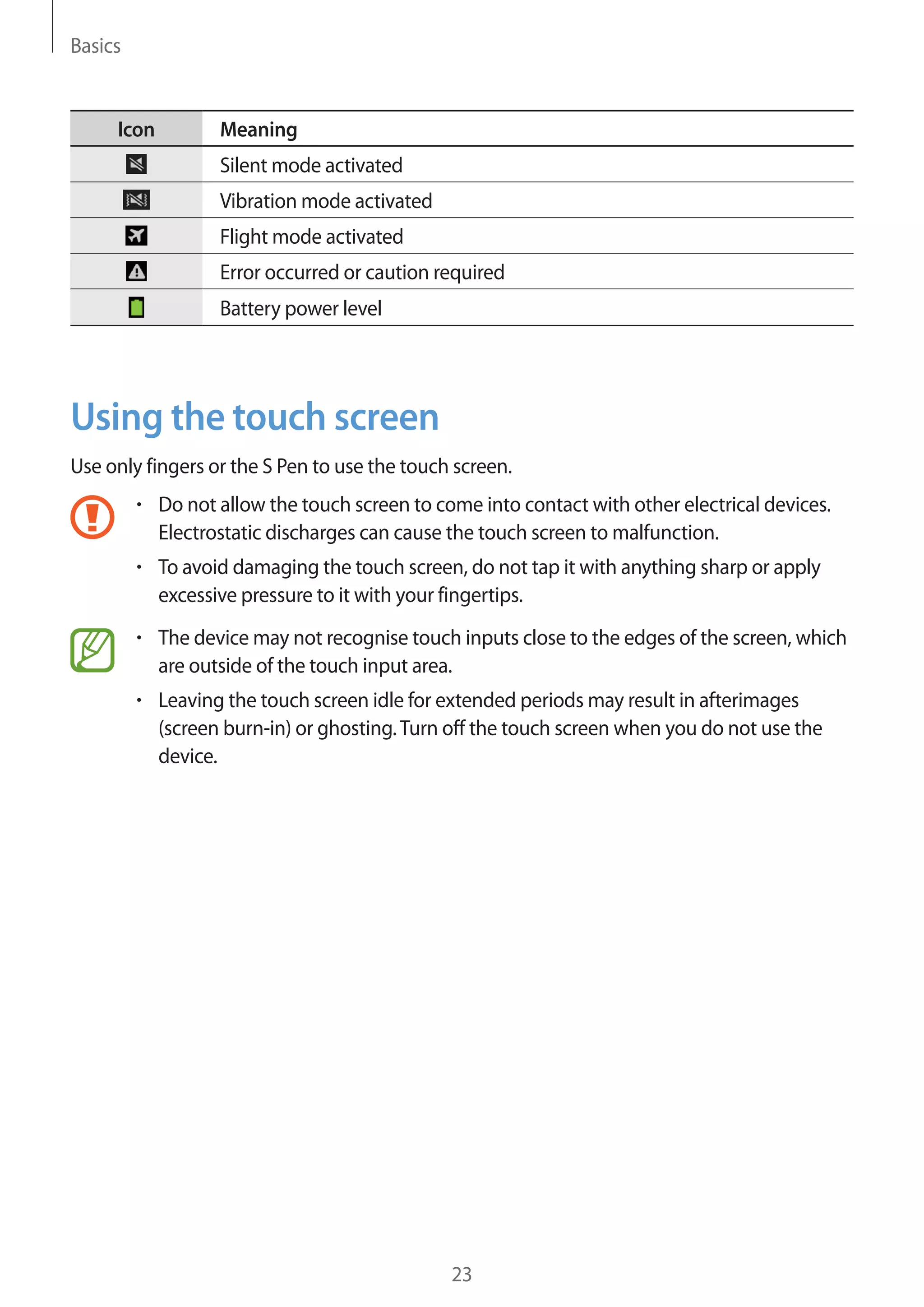 Basics

Icon

Meaning
Silent mode activated
Vibration mode activated
Flight mode activated
Error occurred or caution required
Battery power level

Using the touch screen
Use only fingers or the S Pen to use the touch screen.
Do not allow the touch screen to come into contact with other electrical devices.
Electrostatic discharges can cause the touch screen to malfunction.
To avoid damaging the touch screen, do not tap it with anything sharp or apply
excessive pressure to it with your fingertips.
The device may not recognise touch inputs close to the edges of the screen, which
are outside of the touch input area.
Leaving the touch screen idle for extended periods may result in afterimages
(screen burn-in) or ghosting. Turn off the touch screen when you do not use the
device.

23

 