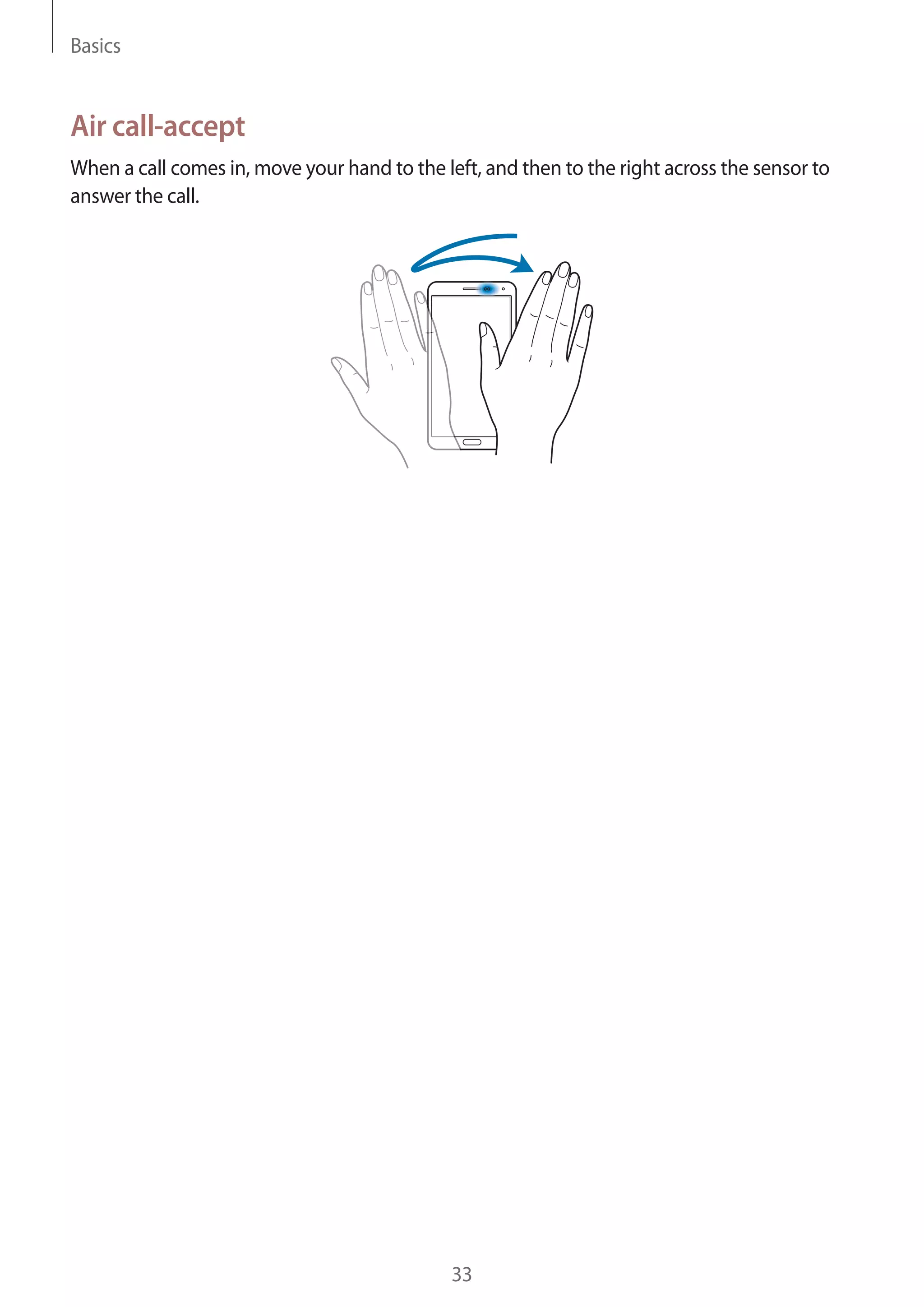 Basics

Air call-accept
When a call comes in, move your hand to the left, and then to the right across the sensor to
answer the call.

33

 