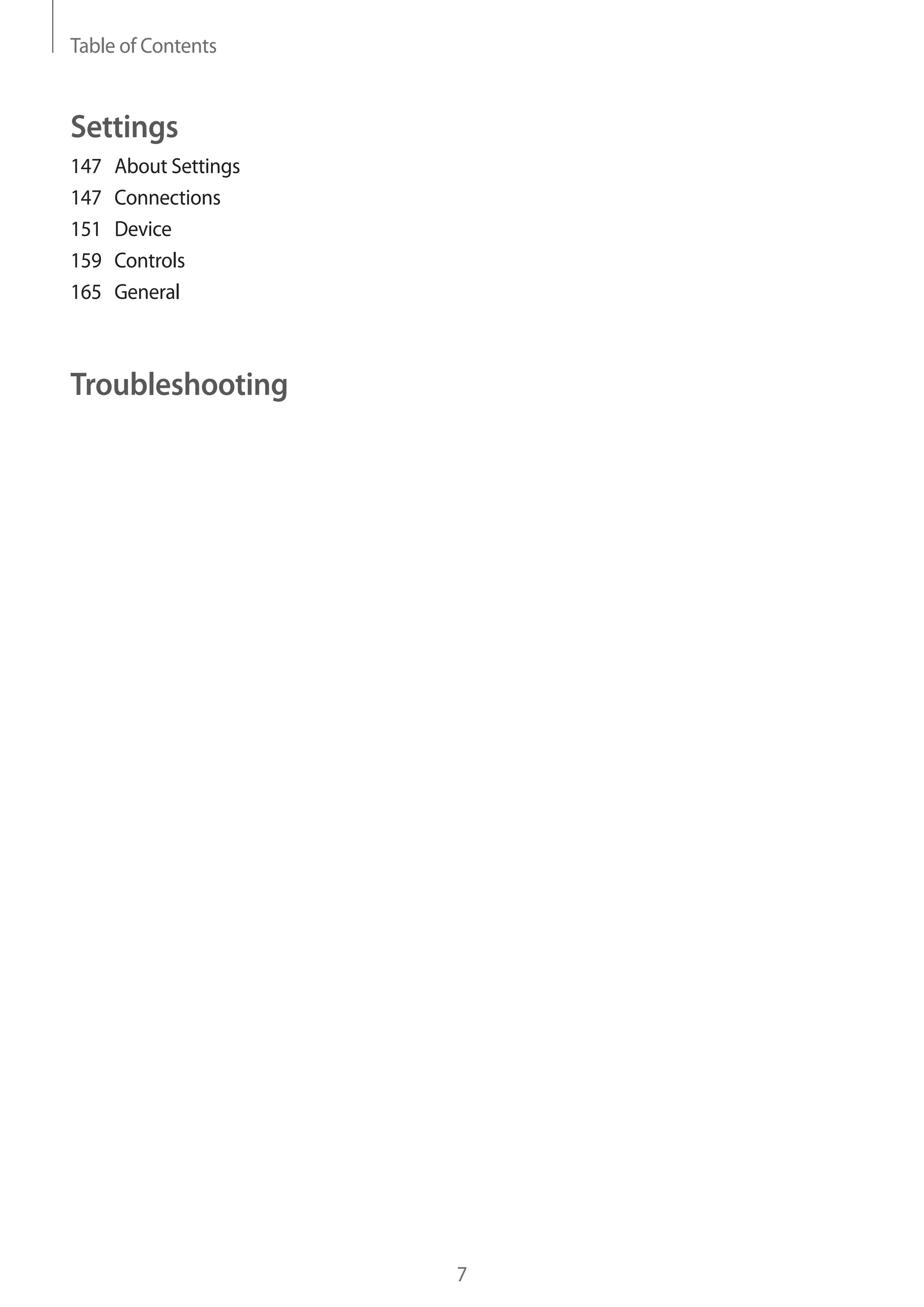 Table of Contents

Settings
147
147
151
159
165

About Settings
Connections
Device
Controls
General

Troubleshooting

7

 