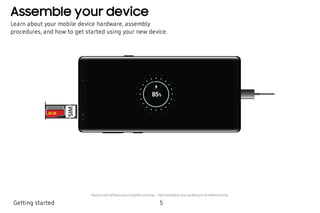 Assemble your device
Learn about your mobile device hardware, assembly
procedures, and how to get started using your new device.
Getting started 5
Devices andsoftwareareconstantly evolving—theillustrations youseehereareforreferenceonly.
 