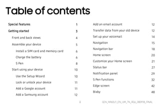 Special features 1
Getting started 3
Front and back views 4
Assemble your device 5
Install a SIM card and memory card 6
Charge the battery 6
S Pen 8
Start using your device 10
Use the Setup Wizard 10
Lock or unlock your device 11
Add a Google account 11
Add a Samsung account 12
Add an email account 12
Transfer data from your old device 12
Set up your voicemail 14
Navigation 15
Navigation bar 18
Home screen 20
Customize your Home screen 21
Status bar 27
Notification panel 29
S Pen functions 32
Edge screen 42
Bixby 48
i GEN_N960U1_EN_UM_TN_RG6_080918_FINAL
Table of contents
 