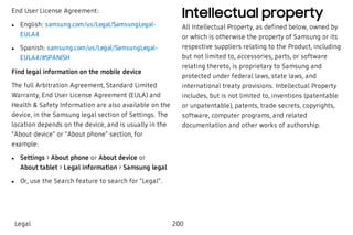 End User License Agreement:
 l English: samsung.com/us/Legal/SamsungLegal-
EULA4
 l Spanish: samsung.com/us/Legal/SamsungLegal-
EULA4/#SPANISH
Find legal information on the mobile device
The full Arbitration Agreement, Standard Limited
Warranty, End User License Agreement (EULA) and
Health & Safety Information are also available on the
device, in the Samsung legal section of Settings. The
location depends on the device, and is usually in the
“About device” or “About phone” section, for
example:
 l Settings > About phone or About device or
About tablet > Legal information > Samsung legal
 l Or, use the Search feature to search for “Legal”.
Intellectual property
All Intellectual Property, as defined below, owned by
or which is otherwise the property of Samsung or its
respective suppliers relating to the Product, including
but not limited to, accessories, parts, or software
relating thereto, is proprietary to Samsung and
protected under federal laws, state laws, and
international treaty provisions. Intellectual Property
includes, but is not limited to, inventions (patentable
or unpatentable), patents, trade secrets, copyrights,
software, computer programs, and related
documentation and other works of authorship.
Legal 200
 