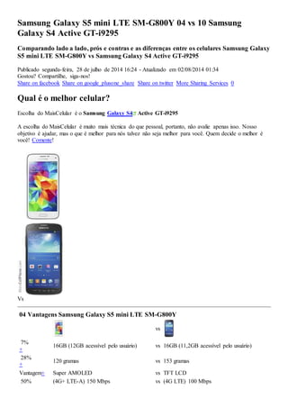 Samsung Galaxy S5 mini LTE SM-G800Y 04 vs 10 Samsung 
Galaxy S4 Active GT-i9295 
Comparando lado a lado, prós e contras e as diferenças entre os celulares Samsung Galaxy 
S5 mini LTE SM-G800Y vs Samsung Galaxy S4 Active GT-i9295 
Publicado segunda-feira, 28 de julho de 2014 16:24 - Atualizado em 02/08/2014 01:34 
Gostou? Compartilhe, siga-nos! 
Share on facebook Share on google_plusone_share Share on twitter More Sharing Services 0 
Qual é o melhor celular? 
Escolha do MaisCelular é o Samsung Galaxy S4 Active GT-i9295 
A escolha do MaisCelular é muito mais técnica do que pessoal, portanto, não avalie apenas isso. Nosso 
objetivo é ajudar, mas o que é melhor para nós talvez não seja melhor para você. Quem decide o melhor é 
você! Comente! 
Vs 
04 Vantagens Samsung Galaxy S5 mini LTE SM-G800Y 
vs 
7% 
+ 
16GB (12GB acessível pelo usuário) vs 16GB (11,2GB acessível pelo usuário) 
28% 
+ 
120 gramas vs 153 gramas 
Vantagem+ Super AMOLED vs TFT LCD 
50% (4G+ LTE-A) 150 Mbps vs (4G LTE) 100 Mbps 
 
