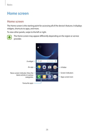 Basics
28
Home screen
Home screen
The Home screen is the starting point for accessing all of the device’s features. It displays
widgets, shortcuts to apps, and more.
To view other panels, swipe to the left or right.
The Home screen may appear differently depending on the region or service
provider.
A widget
An app A folder
Screen indicators
Favourite apps
Apps screen icon
News screen indicator.View the
latest articles in various
categories.
 