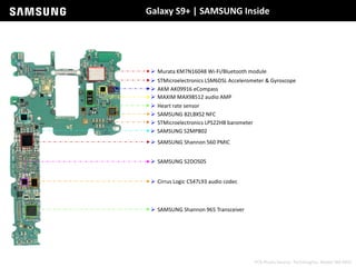 Galaxy S9+ | SAMSUNG Inside
 SAMSUNG 82LBXS2 NFC
 Murata KM7N16048 Wi-Fi/Bluetooth module
 STMicroelectronics LSM6DSL Accelerometer & Gyroscope
 AKM AK09916 eCompass
 STMicroelectronics LPS22HB barometer
 MAXIM MAX98512 audio AMP
 Heart rate sensor
 SAMSUNG Shannon 560 PMIC
 SAMSUNG S2DOS05
 Cirrus Logic CS47L93 audio codec
 SAMSUNG S2MPB02
 SAMSUNG Shannon 965 Transceiver
PCB Photo Source: TechInsights, Model SM-965F
 