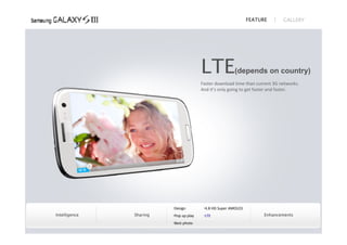 FEATURE       GALLERY




                                        LTE             (depends on country)
                                        Faster download time than current 3G networks.
                                        And it’s only going to get faster and faster.




                         Design         4.8 HD Super AMOLED
Intelligence   Sharing   Pop up play    LTE                         Enhancements
                         Best photo
 