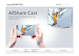 FEATURE      GALLERY




AllShare Cast
It lets you play together: beam your photos, videos ‐ even
the game you’re playing ‐ onto big screen, with your phone
doubling as a controller.




                                 S Beam          Buddy photo share
        Intelligence                                                   Greatness         Enhancements
                                 AllShare Cast   AllShare Play
 
