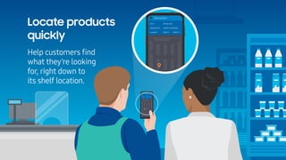 Locate products
quickly
Help customers ﬁnd
what they’re looking
for, right down to
its shelf location.
Item location
Item:...