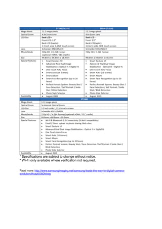 Specifications




* Specifications are subject to change without notice.
* Wi-Fi only available where verification not required.


Read more: http://www.samsungimaging.net/samsung-leads-the-way-in-digital-camera-
evolution/#ixzz0O8Dkiiwg
 