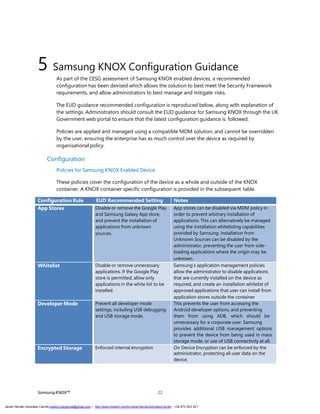 SamsungKNOX™ 22
5 Samsung KNOX Configuration Guidance
As part of the CESG assessment of Samsung KNOX enabled devices, a recommended
configuration has been devised which allows the solution to best meet the Security Framework
requirements, and allow administrators to best manage and mitigate risks.
The EUD guidance recommended configuration is reproduced below, along with explanation of
the settings. Administrators should consult the EUD guidance for Samsung KNOX through the UK
Government web portal to ensure that the latest configuration guidance is followed.
Policies are applied and managed using a compatible MDM solution, and cannot be overridden
by the user, ensuring the enterprise has as much control over the device as required by
organisational policy.
Configuration
Policies for Samsung KNOX Enabled Device
These policies cover the configuration of the device as a whole and outside of the KNOX
container. A KNOX container specific configuration is provided in the subsequent table.
Configuration Rule EUD Recommended Setting Notes
App Stores Disable or remove the Google Play
and Samsung Galaxy App store,
and prevent the installation of
applications from unknown
sources.
App stores can be disabled via MDM policy in
order to prevent arbitrary installation of
applications. This can alternatively be managed
using the installation whitelisting capabilities
provided by Samsung. Installation from
Unknown Sources can be disabled by the
administrator, preventing the user from side-
loading applications where the origin may be
unknown.
Whitelist Disable or remove unnecessary
applications. If the Google Play
store is permitted, allow only
applications in the white list to be
installed.
Samsung’s application management policies
allow the administrator to disable applications
that are currently installed on the device as
required, and create an installation whitelist of
approved applications that user can install from
application stores outside the container
Developer Mode Prevent all developer mode
settings, including USB debugging
and USB storage mode.
This prevents the user from accessing the
Android developer options, and preventing
them from using ADB, which should be
unnecessary for a corporate user. Samsung
provides additional USB management options
to prevent the device from being used in mass
storage mode, or use of USB connectivity at all.
Encrypted Storage Enforced internal encryption On Device Encryption can be enforced by the
administrator, protecting all user data on the
device.
Javier Hernán González Carrillo mailto:j.hergonca@gmail.com – http://www.linkedin.com/in/JavierHernanGonzalezCarrillo - +34 673 403 421
 