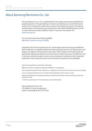 11page
Samsung Electronics Co., Ltd. is a global leader in technology, opening new possibilities for
people everywhere. Through relentless innovation and discovery, we are transforming the
worlds of TVs, smartphones, tablets, PCs, cameras, home appliances, printers, LTE systems,
medical devices, semiconductors and LED solutions. We employ 286,000 people across 80
countries with annual sales of US$216.7 billion. To discover more, please visit
www.samsung.com.
For more information about Samsung KNOX,
Visit https://www.samsung.com/KNOX
Copyright © 2014 Samsung Electronics Co. Ltd. All rights reserved. Samsung and KNOX are
either trademarks or registered trademark of Samsung Electronics Co. Ltd. Specifications and
designs are subject to change without notice. Non-metric weights and measurements are
approximate. All data were deemed correct at time of creation. Samsung is not liable for errors
or omissions. All brand, product, service names and logos are trademarks and/or registered
trademarks of their respective owners and are hereby recognized and acknowledged.
Android and Google Play are trademarks of Google Inc.
ARM and TrustZone are registered trademarks of ARM Ltd. or its subsidiaries.
iOS is a registered trademark of Cisco Systems Inc., registered in the U.S. and other countries, and licensed to Apple.
Linux is a registered trademark of Linus Torvalds in the United States, other countries, or both.
Microsoft and ActiveSync are registered trademarks of Microsoft Corporation in the United States and/or other
countries, or both.
1. 2013 Consumerization of IT in the Enterprise survey, IDG Eneterprise
Samsung Electronics Co., Ltd.
416, Maetan 3-dong, Yeongtong-gu
Suwon-si, Gyeonggi-do 443-772, Korea
White Paper
Meet evolving enterprise mobility challenges with Samsung KNOX
About Samsung Electronics Co., Ltd.
 