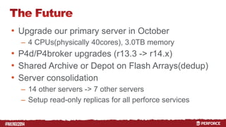 # 
• Upgrade our primary server in October 
– 4 CPUs(physically 40cores), 3.0TB memory 
• P4d/P4broker upgrades (r13.3 -> r14.x) 
• Shared Archive or Depot on Flash Arrays(dedup) 
• Server consolidation 
– 14 other servers -> 7 other servers 
– Setup read-only replicas for all perforce services 
 