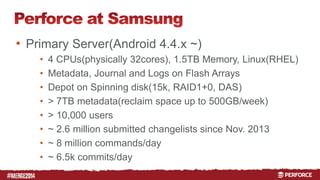 # 
• Primary Server(Android 4.4.x ~) 
• 4 CPUs(physically 32cores), 1.5TB Memory, Linux(RHEL) 
• Metadata, Journal and Logs on Flash Arrays 
• Depot on Spinning disk(15k, RAID1+0, DAS) 
• > 7TB metadata(reclaim space up to 500GB/week) 
• > 10,000 users 
• ~ 2.6 million submitted changelists since Nov. 2013 
• ~ 8 million commands/day 
• ~ 6.5k commits/day 
 