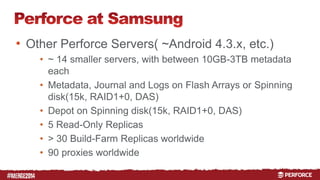 # 
• Other Perforce Servers( ~Android 4.3.x, etc.) 
• ~ 14 smaller servers, with between 10GB-3TB metadata 
each 
• Metadata, Journal and Logs on Flash Arrays or Spinning 
disk(15k, RAID1+0, DAS) 
• Depot on Spinning disk(15k, RAID1+0, DAS) 
• 5 Read-Only Replicas 
• > 30 Build-Farm Replicas worldwide 
• 90 proxies worldwide 
 