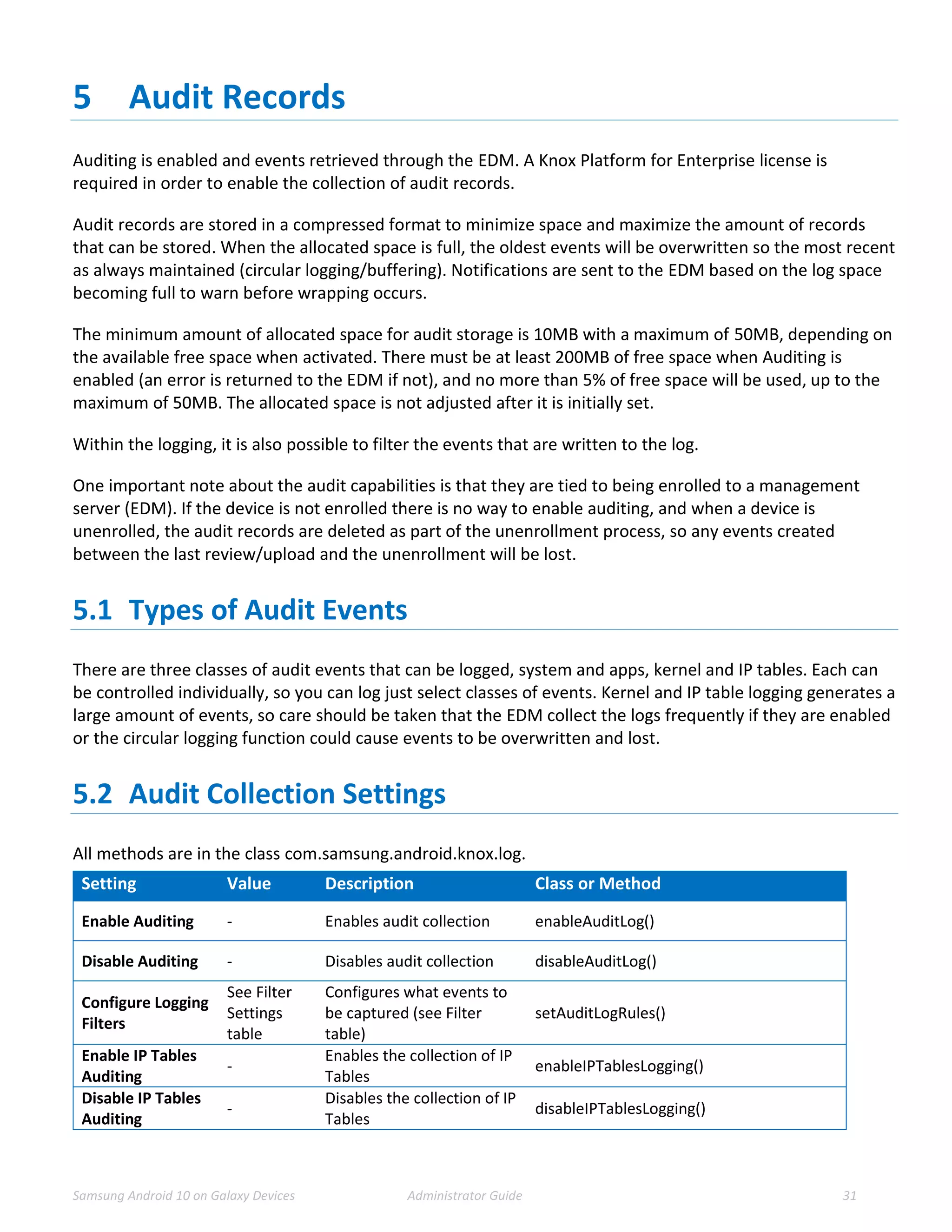Samsung Android 10 on Galaxy Devices Administrator Guide 31
5 Audit Records
Auditing is enabled and events retrieved through the EDM. A Knox Platform for Enterprise license is
required in order to enable the collection of audit records.
Audit records are stored in a compressed format to minimize space and maximize the amount of records
that can be stored. When the allocated space is full, the oldest events will be overwritten so the most recent
as always maintained (circular logging/buffering). Notifications are sent to the EDM based on the log space
becoming full to warn before wrapping occurs.
The minimum amount of allocated space for audit storage is 10MB with a maximum of 50MB, depending on
the available free space when activated. There must be at least 200MB of free space when Auditing is
enabled (an error is returned to the EDM if not), and no more than 5% of free space will be used, up to the
maximum of 50MB. The allocated space is not adjusted after it is initially set.
Within the logging, it is also possible to filter the events that are written to the log.
One important note about the audit capabilities is that they are tied to being enrolled to a management
server (EDM). If the device is not enrolled there is no way to enable auditing, and when a device is
unenrolled, the audit records are deleted as part of the unenrollment process, so any events created
between the last review/upload and the unenrollment will be lost.
5.1 Types of Audit Events
There are three classes of audit events that can be logged, system and apps, kernel and IP tables. Each can
be controlled individually, so you can log just select classes of events. Kernel and IP table logging generates a
large amount of events, so care should be taken that the EDM collect the logs frequently if they are enabled
or the circular logging function could cause events to be overwritten and lost.
5.2 Audit Collection Settings
All methods are in the class com.samsung.android.knox.log.
Setting Value Description Class or Method
Enable Auditing - Enables audit collection enableAuditLog()
Disable Auditing - Disables audit collection disableAuditLog()
Configure Logging
Filters
See Filter
Settings
table
Configures what events to
be captured (see Filter
table)
setAuditLogRules()
Enable IP Tables
Auditing
-
Enables the collection of IP
Tables
enableIPTablesLogging()
Disable IP Tables
Auditing
-
Disables the collection of IP
Tables
disableIPTablesLogging()
 