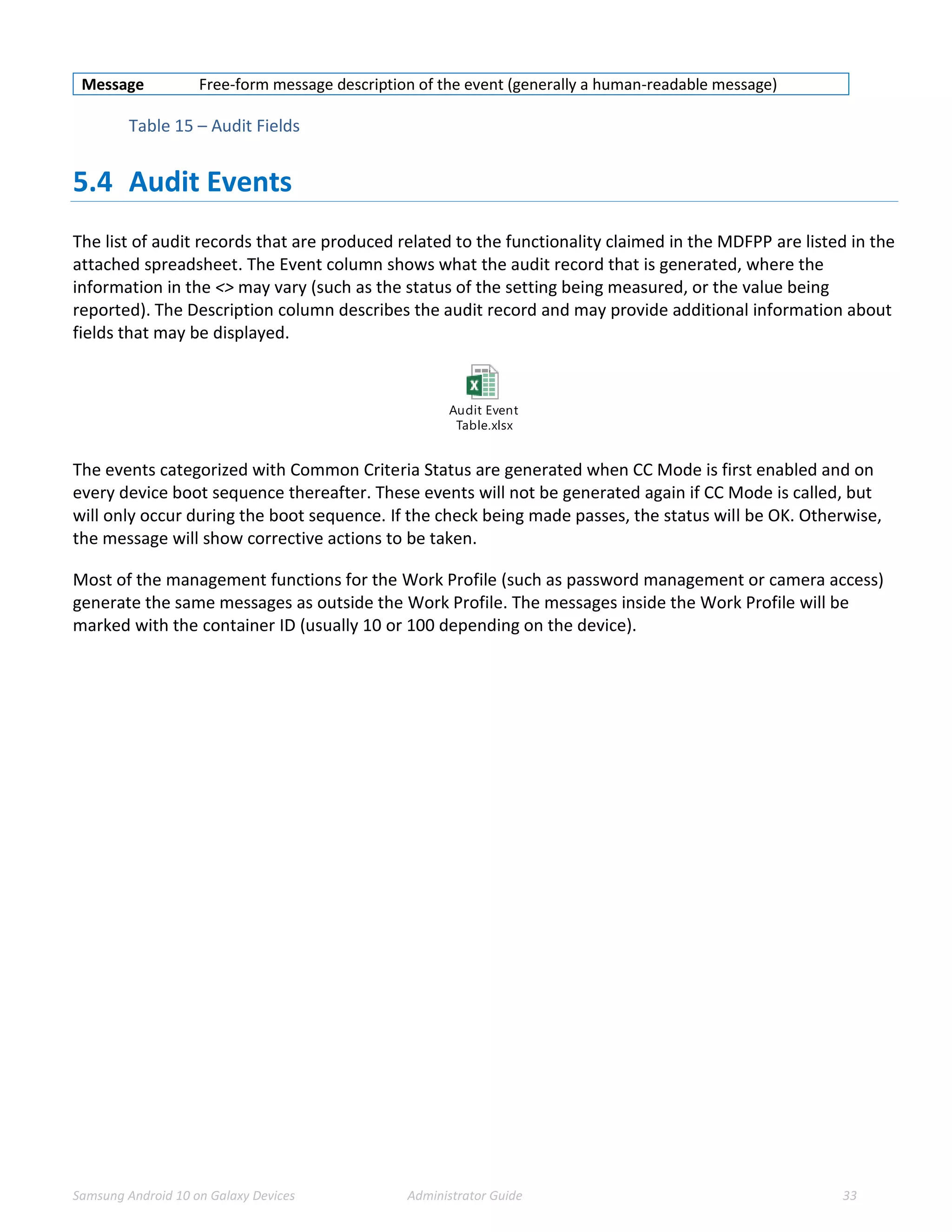 Samsung Android 10 on Galaxy Devices Administrator Guide 33
Message Free-form message description of the event (generally a human-readable message)
Table 15 – Audit Fields
5.4 Audit Events
The list of audit records that are produced related to the functionality claimed in the MDFPP are listed in the
attached spreadsheet. The Event column shows what the audit record that is generated, where the
information in the <> may vary (such as the status of the setting being measured, or the value being
reported). The Description column describes the audit record and may provide additional information about
fields that may be displayed.
Audit Event
Table.xlsx
The events categorized with Common Criteria Status are generated when CC Mode is first enabled and on
every device boot sequence thereafter. These events will not be generated again if CC Mode is called, but
will only occur during the boot sequence. If the check being made passes, the status will be OK. Otherwise,
the message will show corrective actions to be taken.
Most of the management functions for the Work Profile (such as password management or camera access)
generate the same messages as outside the Work Profile. The messages inside the Work Profile will be
marked with the container ID (usually 10 or 100 depending on the device).
 