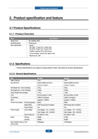 Product spec and feature




2. Product specification and feature

2.1 Product Specifications

2.1.1 Product Overview
  Item                                                                Descriptions
  Model name                    ML-1640/ML-2240
  Marketing target              Personal use
  Main Specification            * speed
                                  ML-1640 : 17 ppm (Ltr) / 16 ppm (A4)
                                  ML-2240 : 23 ppm (Ltr) / 22 ppm (A4),
                                * 150MHz Jupiter4e CPU/ 8M memory
                                * Toner Cartridge : Initial (0.7K), Sales (1.5K)
                                * Machine Life : 50K




2.1.2 Specifications
            Product Specifications are subject to change without notice. See below for product specifications.


2.1.2.1 General Specifications

  Item                                         ML-1640                               ML-2240
  Major Features                               Print                                 Print
  Size (W*D*H)                                 353mmx298mmx213mm                     353mmx298mmx213mm
                                               (13.9"x11.7"x8.4")                    (13.9"x11.7"x8.4")
  Net Weight (Inc. Toner Cartridge)            5.7kg                                 5.9kg
  Net Weight (exc. Toner Cartridge)            4.95kg                                5.05kg
  Gross Weight (with package)                  7.1Kg                                 7.5Kg
  LCD                                          N/A (one button, 2 LED)               N/A (one button, 2 LED)
  I/O Interface                                USB2.0 Full-Speed                     USB2.0 Full-Speed
  MPU                                          Jupiter4e / 150MHz                    Jupiter4e / 150MHz
  Power Consumption      Printing Operation    300W                                  350W
                         Sleep Mode            6 Wh Energy Star Compliant            6Wh Energy Star Compliant
                         Power Switch          Yes                                   Yes
  Power Supply           Input Voltage         Low Voltage : 110 ~ 127VAC            Low Voltage : 110 ~ 127VAC
                                               High Voltage : 220 ~ 240VAC           High Voltage : 220 ~ 240VAC
                         Input Frequency       50 / 60Hz(+/- 3Hz)                    50 / 60Hz(+/- 3Hz)
  Noise                  Printing              50dBA                                 51dBA
                         Standby               26dBA                                 32dBA
  Max. Monthly Volume Print                    5000pages                             10,000pages
  (Duty Cycle)



                                                                    2-1
Service Manual                                                                                        Samsung Electronics
 