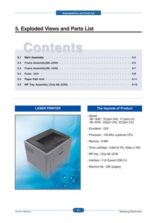 ExplodedView and Parts list




5. Exploded Views and Parts List


        Contents
  5.1   Main Assembly                                                                          5-2

  5.2   Frame Assembly(ML-2240)                                                                5-5

  5.3   Frame Assembly(ML-1640)                                                                5-7

  5.4   Fuser Unit                                                                             5-9

  5.5   Paper Path Unit                                                                        5-11

  5.6   MP Tray Assembly (Only ML-2240)                                                        5-13




                 LASER PRINTER                                   The keynote of Product

                                                       - Speed
                                                         ML-1640 : 16 ppm (A4), 17 ppm( Ltr)
                                                         ML-2240 : 22ppm (A4), 23 ppm (Ltr)

                                                       - Emulation : GDI

                                                       - Processor : 150 Mhz Jupiter4e CPU

                                                       - Memory : 8 MB

                                                       - Toner cartridge : Initial (0.7K), Sales (1.5K)

                                                       - MP tray : Only ML-2240

                                                       - Interface : Full Speed USB 2.0

                                                       - Machine life : 50K (pages)




                                               5-1
Service Manual                                                                      Samsung Electronics
 