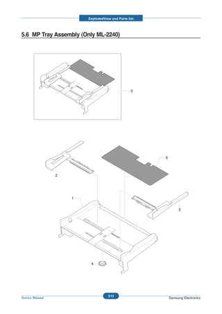 ExplodedView and Parts list



5.6 MP Tray Assembly (Only ML-2240)




                                                  0




                                                       5



                 2




                     1


                                                                3




                          4




                                    5-13
Service Manual                                             Samsung Electronics
 