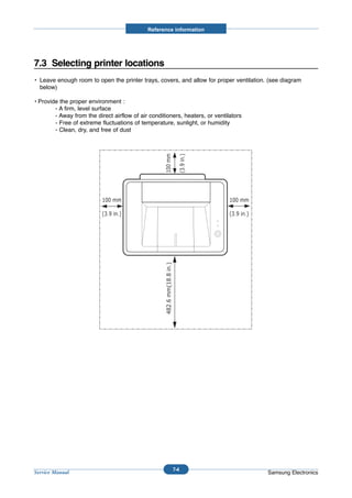 Reference information




7.3 Selecting printer locations
• Leave enough room to open the printer trays, covers, and allow for proper ventilation. (see diagram
  below)

• Provide the proper environment :
        - A firm, level surface
        - Away from the direct airflow of air conditioners, heaters, or ventilators
        - Free of extreme fluctuations of temperature, sunlight, or humidity
        - Clean, dry, and free of dust




                                                       7-4
Service Manual                                                                          Samsung Electronics
 
