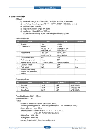 Product spec and feature




1) SMPS Specification
       - AC Input
                  Input Rated Voltage : AC 220V ~ 240V, AC 120V / AC 220V(110V version)
                  Input Voltage fluctuating range : AC 90V ~ 135V / AC 180V ~ 270V(220V version)
                  Rated Frequency : 50/60 Hz
                  Frequency Fluctuating range : 47 ~ 63 Hz
                  Input Current : Under 4.0Arms / 2.5Arms
                  (But, the status when lamp is off or rated voltage is inputted/outputted )


        - Rated Output Power
           No              Items                        CH1                       CH2                    Remarks
            1    Channel                        +5V                    +24.0V
            2    Connector pin                  CON 3                  CON 3
                                                5V PIN : 11, 12        24V PIN : 2, 3, 4
                                                GND PIN : 8, 9         GND PIN : 6, 7
            3    Rated Output                   +5V 5%                 +24V      5%
                                                (4.75 ~ 5.25V)         (20.4 ~ 27.6V)
            4    Max. Output current            0.8A                   2.0A
            5    Peak Loading current           1.0A                   2.5A                        1ms
            6    RIPPLE NOISE Voltage           100mVp-p or less       500mVp-p or less
            7    Maximum output                 4W                     24W
            8    Peak output                    5W                     48W                         1ms
            9    Protecttion for loading
                 shorage and overflowing
                 current


        - Consumption Power
           No               Items                  CH1(+5V)               CH2(+24V)                System
            1    Stand-by                       1.0 A                0.4 A                  AVG : 55 Wh
            2    PRINTING                       1.0 A                2.0 A                  AVG : 250 Wh
            3    Sleep-Mode                     0.8 A                0.4 A                  AVG : 10 Wh


        - Power Cord Length : 1830° 50mm
        - Power Cord Switch : Use
        - Feature
                 . Insulating Resistance : 100 or more (at DC 500V)
                 . Insulating revisiting pressure : Must be no problem within 1 min. (at 1000Vac,10mA)
                 . Leaking Current : under 3.5mA
                 . Running Current : under 40A PEAK (AT 25 , COLD START)
                                         under 50A PEAK (In other conditions)
                 . Rising Time : within 2Sec
                 . Falling Time : over 20ms
                 . Surge : Ring Wave 6KV-500A (Normal, Common)



                                                        2-21
Service Manual                                                                                Samsung Electronics
 