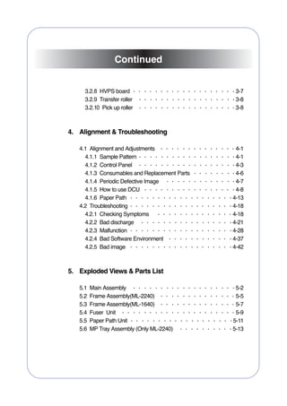 Continued


     3.2.8 HVPS board                           3-7
     3.2.9 Transfer roller                      3-8
     3.2.10 Pick up roller                      3-8



4. Alignment & Troubleshooting

   4.1 Alignment and Adjustments                4-1
     4.1.1 Sample Pattern                       4-1
     4.1.2 Control Panel                        4-3
     4.1.3 Consumables and Replacement Parts    4-6
     4.1.4 Periodic Defective Image             4-7
     4.1.5 How to use DCU                       4-8
     4.1.6 Paper Path                          4-13
   4.2 Troubleshooting                         4-18
     4.2.1 Checking Symptoms                   4-18
     4.2.2 Bad discharge                       4-21
     4.2.3 Malfunction                         4-28
     4.2.4 Bad Software Environment            4-37
     4.2.5 Bad image                           4-42



5. Exploded Views & Parts List

   5.1   Main Assembly                          5-2
   5.2   Frame Assembly(ML-2240)                5-5
   5.3   Frame Assembly(ML-1640)                5-7
   5.4   Fuser Unit                             5-9
   5.5   Paper Path Unit                       5-11
   5.6   MP Tray Assembly (Only ML-2240)       5-13
 