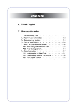 Continued


6. System Diagram


7   Reference Information

    7.1 Troubleshooting Tools                    7-1
    7.2 Acronyms and Abbreviations               7-2
    7.3 Selecting printer locations              7-4
    7.4 Sample Tests Patterns                    7-5
    7.5 Parts Life Cycle Maintenance Table       7-6
      7.5.1 Parts Life Cycle Maintenance Table   7-6
      7.5.2 Toner Cartridge Criterion            7-6
    7.6 Model Information                        7-7
      7.6.1 Understanding for Model Code         7-7
      7.6.2 Understanding Material Code & Name   7-8
      7.6.3 F/W Upgrade Method                   7-8
 