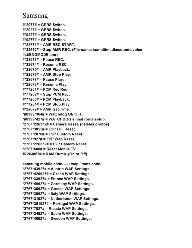 Samsung Mobile Phone Codes | DOCX