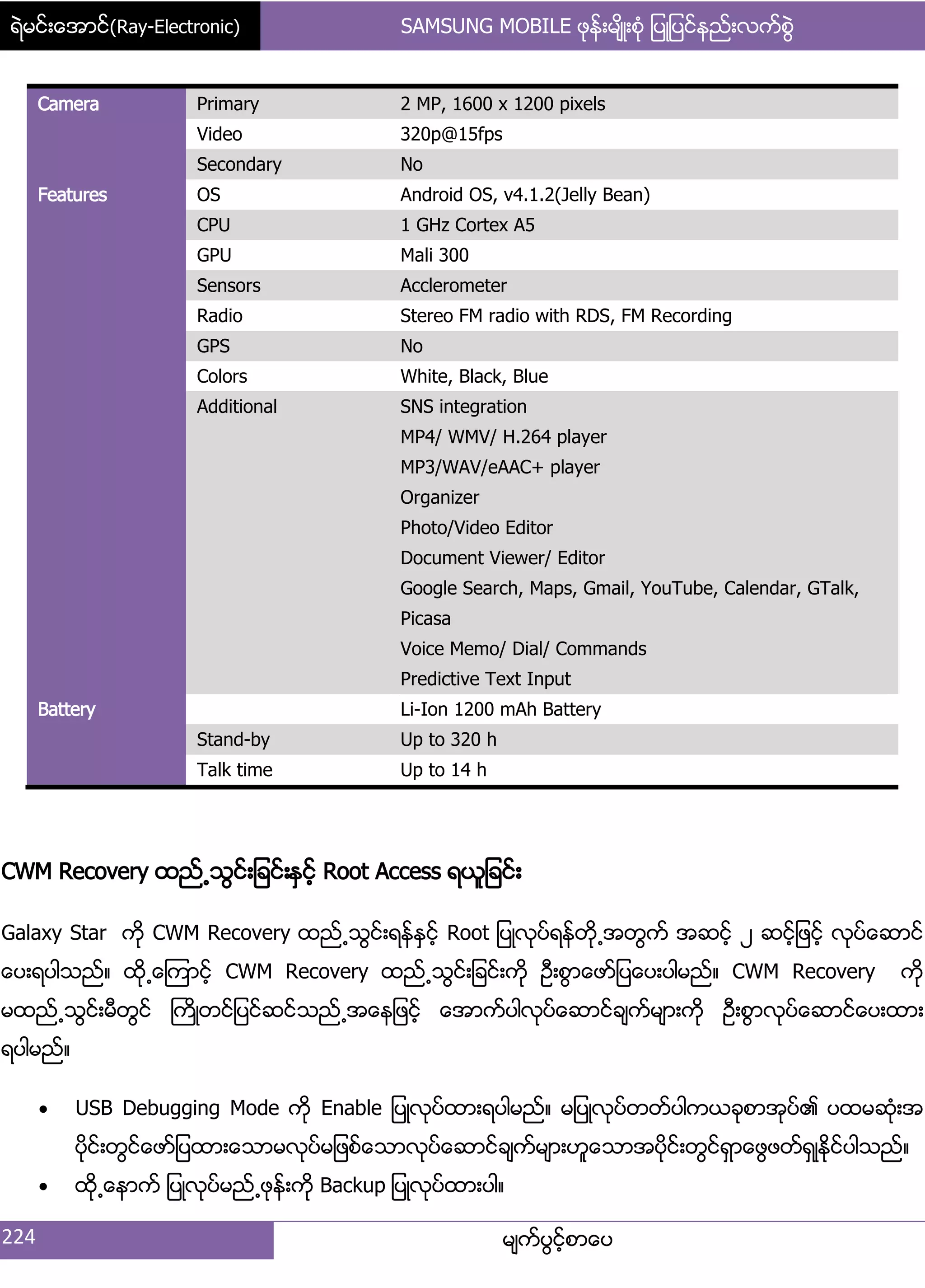 ရဲမင္းေအာင္(Ray-Electronic) SAMSUNG MOBILE ဖုန္းမ်ိဳးစံု ျပဳျပင္နည္းလက္စြဲ
224 မ္ကးပျငးံစာေပ
Camera Primary 2 MP, 1600 x 1200 pixels
Video 320p@15fps
Secondary No
Features OS Android OS, v4.1.2(Jelly Bean)
CPU 1 GHz Cortex A5
GPU Mali 300
Sensors Acclerometer
Radio Stereo FM radio with RDS, FM Recording
GPS No
Colors White, Black, Blue
Additional SNS integration
MP4/ WMV/ H.264 player
MP3/WAV/eAAC+ player
Organizer
Photo/Video Editor
Document Viewer/ Editor
Google Search, Maps, Gmail, YouTube, Calendar, GTalk,
Picasa
Voice Memo/ Dial/ Commands
Predictive Text Input
Battery Li-Ion 1200 mAh Battery
Stand-by Up to 320 h
Talk time Up to 14 h
CWM Recovery ထညး႕သျငး့်ခငး့ႏြငးံ Root Access ရယူ်ခငး့
Galaxy Star ကို CWM Recovery ထညး႕သျငး့ရနးႏြငးံ Root ်ပဳလုပးရနးတို႕အတျကး အဆငးံ ဿ ဆငးံ်ဖငးံ လုပးေဆာငး
ေပ့ရပါသညး၈ ထို႕ေၾကာငးံ CWM Recovery ထညး႕သျငး့်ခငး့ကို ဦ့စျာေဖား်ပေပ့ပါမညး၈ CWM Recovery ကို
မထညး႕သျငး့မီတျငး ႀကိဳတငး်ပငးဆငးသညး႕အေန်ဖငးံ ေအာကးပါလုပးေဆာငးခ္ကးမ္ာ့ကို ဦ့စျာလုပးေဆာငးေပ့ထာ့
ရပါမညး၈
 USB Debugging Mode ကို Enable ်ပဳလုပးထာ့ရပါမညး၈ မ်ပဳလုပးတတးပါကယခုစာအုပး၏ ပထမဆဵု့အ
ပိုငး့တျငးေဖား်ပထာ့ေသာမလုပးမ်ဖစးေသာလုပးေဆာငးခ္ကးမ္ာ့ဟူေသာအပိုငး့တျငးရြာေဖျဖတးရြဳႏိုငးပါသညး၈
 ထို႕ေနာကး ်ပဳလုပးမညး႕ဖုနး့ကို Backup ်ပဳလုပးထာ့ပါ၈
 