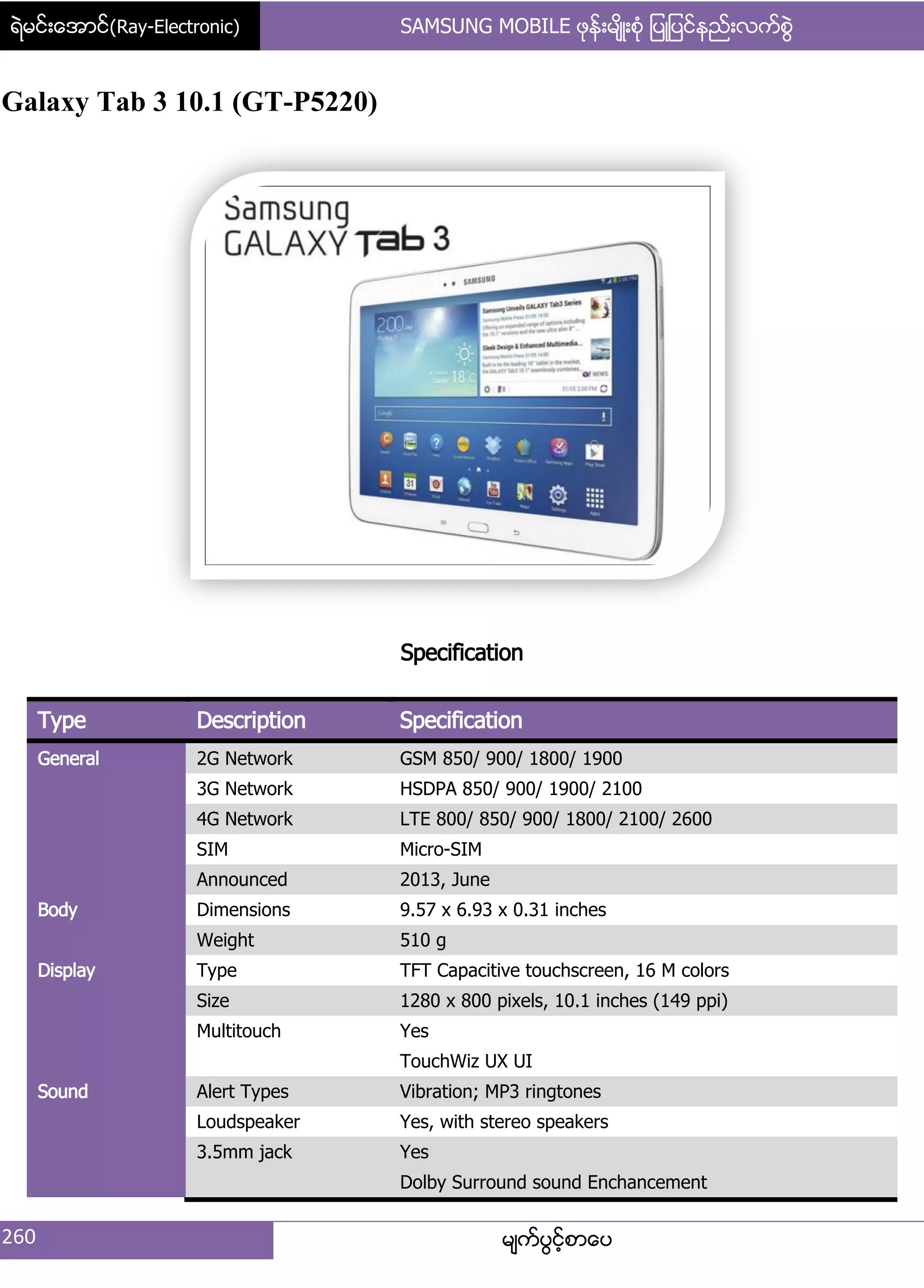 ရဲမင္းေအာင္(Ray-Electronic) SAMSUNG MOBILE ဖုန္းမ်ိဳးစံု ျပဳျပင္နည္းလက္စြဲ
260 မ္ကးပျငးံစာေပ
Galaxy Tab 3 10.1 (GT-P5220)
Specification
Type Description Specification
General 2G Network GSM 850/ 900/ 1800/ 1900
3G Network HSDPA 850/ 900/ 1900/ 2100
4G Network LTE 800/ 850/ 900/ 1800/ 2100/ 2600
SIM Micro-SIM
Announced 2013, June
Body Dimensions 9.57 x 6.93 x 0.31 inches
Weight 510 g
Display Type TFT Capacitive touchscreen, 16 M colors
Size 1280 x 800 pixels, 10.1 inches (149 ppi)
Multitouch Yes
TouchWiz UX UI
Sound Alert Types Vibration; MP3 ringtones
Loudspeaker Yes, with stereo speakers
3.5mm jack Yes
Dolby Surround sound Enchancement
 