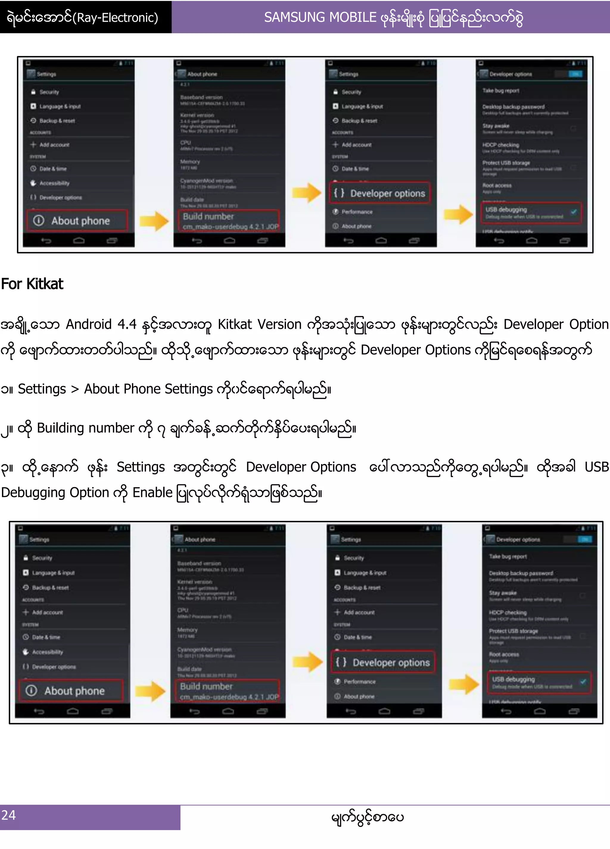 ရဲမင္းေအာင္(Ray-Electronic) SAMSUNG MOBILE ဖုန္းမ်ိဳးစံု ျပဳျပင္နည္းလက္စြဲ
24 မ္ကးပျငးံစာေပ
For Kitkat
အခ္ိဳ႕ေသာ Android 4.4 ႏြငးံအလာ့တူ Kitkat Version ကိုအသဵု့်ပဳေသာ ဖုနး့မ္ာ့တျငးလညး့ Developer Option
ကုိ ေဖ္ာကးထာ့တတးပါသညး၈ ထိုသို႕ေဖ္ာကးထာ့ေသာ ဖုနး့မ္ာ့တျငး Developer Options ကို်မငးရေစရနးအတျကး
ှ၈ Settings > About Phone Settings ကိုွငးေရာကးရပါမညး၈
ဿ၈ ထို Building number ကို ၄ ခ္ကးခနး႕ဆကးတိုကးႏိြပးေပ့ရပါမညး၈
၀၈ ထို႕ေနာကး ဖုနး့ Settings အတျငး့တျငး Developer Options ေပၚလာသညးကိုေတျ႕ရပါမညး၈ ထိုအခါ USB
Debugging Option ကို Enable ်ပဳလုပးလိုကးရဵုသာ်ဖစးသညး၈
 