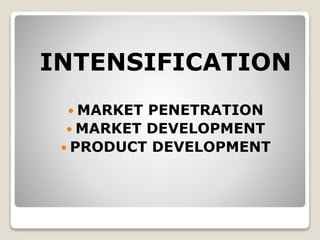 INTENSIFICATION
 MARKET PENETRATION
 MARKET DEVELOPMENT
 PRODUCT DEVELOPMENT
 