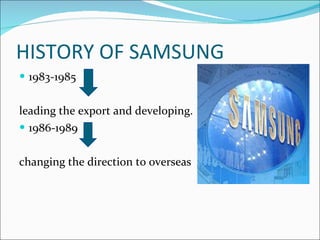 HISTORY OF SAMSUNG 1983-1985  leading the export and developing. 1986-1989  changing the direction to overseas 