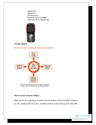 Alarm Yes
Games Yes
T9 Dictionary
Stand-by Up to 115.00hrs
Talk time Up to 3 hrs 00 min
5 Force Model
-
- Threat of new entrants [ High ]
There are lot of competition in Indian telecom market ,Chinese mobile companies
are also entering into the sector. In Indian telecom market having more than 400+
46
 