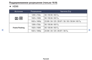 ◀ ▶
Поддерживаемое разрешение (только 16:9)
●● HDMI
Источник Разрешение Частота (Гц)
/
1280 x 720p 50 / 59.94 / 60 Гц
1920 х 1080i 50 / 59.94 / 60 Гц
1920 x 1080p 23.98 / 24 / 25 / 29.97 / 30 / 50 / 59.94 / 60 Гц
Frame Packing
1280 x 720p 50 / 59.94 / 60 Гц
1920 х 1080i 50 / 59.94 / 60 Гц
1920 x 1080p 23.98 / 24 / 25 / 29.97 / 30 Гц
Русский
 