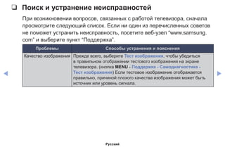 ◀ ▶
❑❑ Поиск и устранение неисправностей
При возникновении вопросов, связанных с работой телевизора, сначала
просмотрите следующий список. Если ни один из перечисленных советов
не поможет устранить неисправность, посетите веб-узел “www.samsung.
com” и выберите пункт “Поддержка”.
Проблемы Способы устранения и пояснения
Качество изображения Прежде всего, выберите Тест изображения, чтобы убедиться
в правильном отображении тестового изображения на экране
телевизора. (кнопка MENU - Поддержка - Самодиагностика -
Тест изображения) Если тестовое изображение отображается
правильно, причиной плохого качества изображения может быть
источник или уровень сигнала.
Русский
 