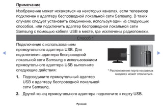 ◀ ▶
Примечание
Изображение может искажаться на некоторых каналах, если телевизор
подключен к адаптеру беспроводной локальной сети Samsung. В таких
случаях следует установить соединение, используя один из следующих
способов, или подключить адаптер беспроводной локальной сети
Samsung с помощью кабеля USB в месте, где исключены радиопомехи.
Способ 1
Подключение с использованием
прямоугольного адаптера USB. Для
подключения адаптера беспроводной
локальной сети Samsung с использованием
прямоугольного адаптера USB выполните
следующие действия:
1.	 Подсоедините прямоугольный адаптер
USB к адаптеру беспроводной локальной
сети Samsung.
2.	 Другой конец прямоугольного адаптера подключите к порту USB.
* Расположение порта на разных
моделях может отличаться.
Русский
 