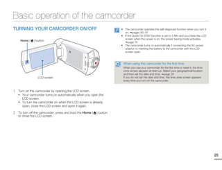 Basic operation of the camcorder
TURNING YOUR CAMCORDER ON/OFF                                         • The camcorder operates the self-diagnosis function when you turn it
                                                                        on. pages 93~97
                                                                      • If the Quick On STBY function is set to 5 Min and you close the LCD
                                                                        screen when the power is on, the power saving mode activates.
     Home (    ) button
                                                                           page 76
                                                                      • The camcorder turns on automatically if connecting the AC power
                                                                        adaptor or inserting the battery to the camcorder with the LCD
                                                                        screen open.



                                                                       When using this camcorder for the first time
                                                                       When you use your camcorder for the first time or reset it, the time
                                                                       zone screen appears at start-up. Select your geographical location
                                                                       and then set the date and time. page 28
                  LCD screen                                           If you do not set the date and time, the time zone screen appears
                                                                       every time you turn on the camcorder.


1   Turn on the camcorder by opening the LCD screen.
    • Your camcorder turns on automatically when you open the
      LCD screen.
    • To turn the camcorder on when the LCD screen is already
      open, close the LCD screen and open it again.

2   To turn off the camcorder, press and hold the Home (   ) button
    or close the LCD screen.




                                                                                                                                              25
 