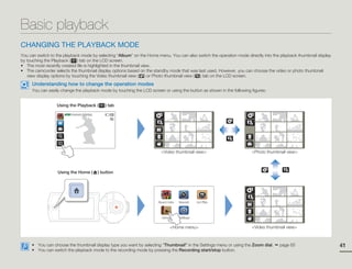 Basic playback
CHANGING THE PLAYBACK MODE
You can switch to the playback mode by selecting “Album” on the Home menu. You can also switch the operation mode directly into the playback thumbnail display
by touching the Playback ( ) tab on the LCD screen.
• The most recently created file is highlighted in the thumbnail view.
• The camcorder selects the thumbnail display options based on the standby mode that was last used. However, you can choose the video or photo thumbnail
   view display options by touching the Video thumbnail view ( ) or Photo thumbnail view ( ) tab on the LCD screen.
     Understanding how to change the operation modes
     You can easily change the playback mode by touching the LCD screen or using the button as shown in the following figures:


                  Using the Playback (            ) tab

                      STBY 00:00:00 [253Min]




                                                                        <Video thumbnail view>                        <Photo thumbnail view>



                  Using the Home (             ) button




                                                                      Smart Auto   Manual     Art Film




                                                                        Album      Settings


                                                                             <Home menu>                              <Video thumbnail view>



     • You can choose the thumbnail display type you want by selecting “Thumbnail” in the Settings menu or using the Zoom dial.    page 65                       41
     • You can switch the playback mode to the recording mode by pressing the Recording start/stop button.
 