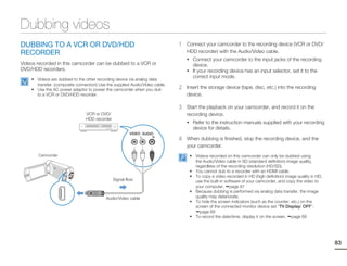 Dubbing videos
DUBBING TO A VCR OR DVD/HDD                                                  1   Connect your camcorder to the recording device (VCR or DVD/
RECORDER                                                                         HDD recorder) with the Audio/Video cable.
                                                                                 • Connect your camcorder to the input jacks of the recording
Videos recorded in this camcorder can be dubbed to a VCR or                        device.
DVD/HDD recorders.                                                               • If your recording device has an input selector, set it to the
                                                                                   correct input mode.
    • Videos are dubbed to the other recording device via analog data
      transfer. (composite connection) Use the supplied Audio/Video cable.
    • Use the AC power adaptor to power the camcorder when you dub           2   Insert the storage device (tape, disc, etc.) into the recording
      to a VCR or DVD/HDD recorder.                                              device.

                                                                             3   Start the playback on your camcorder, and record it on the
                                VCR or DVD/                                      recording device.
                                HDD recorder
                                                                                 • Refer to the instruction manuals supplied with your recording
                                                                                   device for details.

                                                                             4   When dubbing is finished, stop the recording device, and the
                                                                                 your camcorder.
       Camcorder                                                                  • Videos recorded on this camcorder can only be dubbed using
                                                                                    the Audio/Video cable in SD (standard deﬁnition) image quality,
                                                                                    regardless of the recording resolution (HD/SD).
                                                                                  • You cannot dub to a recorder with an HDMI cable.
                                                                                  • To copy a video recorded in HD (high definition) image quality in HD,
                                               Signal flow                          use the built-in software of your camcorder, and copy the video to
                                                                                    your computer. page 87
                                                                                  • Because dubbing is performed via analog data transfer, the image
                                           Audio/Video cable                        quality may deteriorate.
                                                                                  • To hide the screen indicators (such as the counter, etc.) on the
                                                                                    screen of the connected monitor device set “TV Display: OFF”.
                                                                                      page 68
                                                                                  • To record the date/time, display it on the screen. page 68




                                                                                                                                                            83
 
