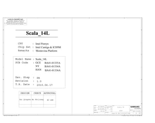 DESIGN CHECK
3
C
Remarks :
Scala_14L
HAN
ELECTRONICS
A
D
Model Name :
PCB Code :
BC LEE
SAMSUNG PROPRIETARY
THIS DOCUMENT CONTAINS CONFIDENTIAL
SAMSUNG
Dev. Step :
Revision :
PROPRIETARY INFORMATION THAT IS
NY
A
3
2
2
Intel Cantiga & ICH9M
CPU :
GCE
4
APPROVAL
B B
4
C
D
Chip Set :
Scala_14L
BA41-01335A
BA41-01334A
BA41-01336A
1
1
T.R. Date :
1.0
PR
Dai Qingzhu
SAMSUNG ELECTRONICS CO’S PROPERTY.
DO NOT DISCLOSE TO OR DUPLICATE FOR OTHERS
Wu Shijiang
2010.06.17
Montevina Platform
EXCEPT AS AUTHORIZED BY SAMSUNG.
Intel Penryn
 