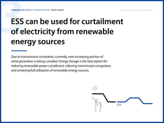 3

Samsung SDI Energy Storage System | What is ESS?

Copyright © 2013 Samsung SDI. All rights reserved

ESS can be used for curtailment
of electricity from renewable
energy sources
Due to transmission constraints, currently, ever-increasing portion of
wind generation is being curtailed. Energy storage is the best option for
reducing renewable power curtailment, relieving transmission congestion,
and achieving full utilization of renewable energy sources.

ESS

 