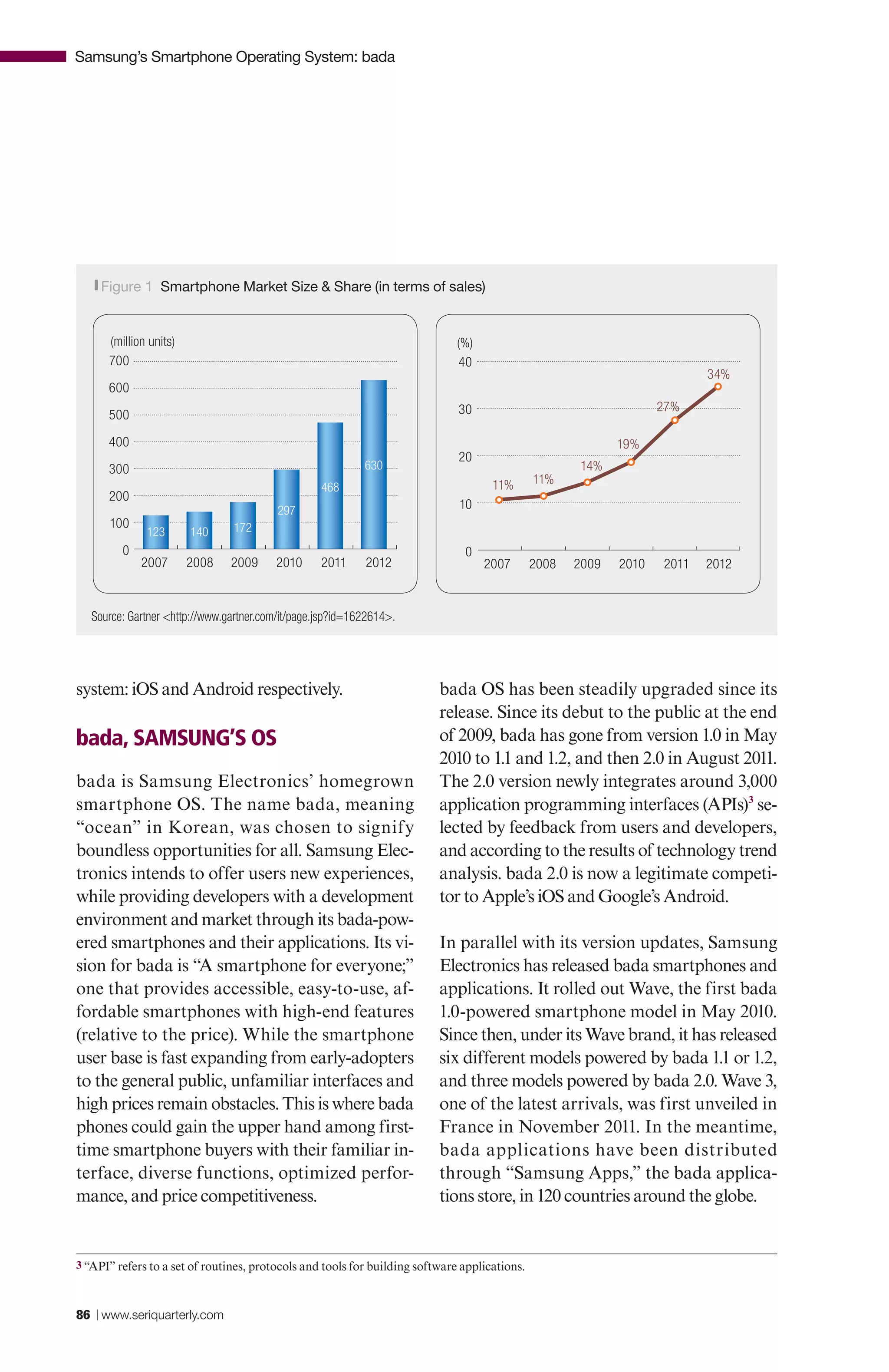 Samsung’s Smartphone Operating System: bada




   |Figure    1 Smartphone Market Size & Share (in terms of sales)


      (million units)                                                         (%)
      700                                                                     40
                                                                                                                           34%
      600
                                                                              30                                    27%
      500

      400                                                                                                    19%
                                                                              20
      300                                                   630                                        14%
                                                                                     11%       11%
                                                   468
      200
                                          297                                 10
      100                       172
              123       140
         0                                                                     0
             2007       2008    2009     2010      2011     2012                    2007       2008   2009   2010   2011   2012


   Source: Gartner <http://www.gartner.com/it/page.jsp?id=1622614>.




system: iOS and Android respectively.                                     bada OS has been steadily upgraded since its
                                                                          release. Since its debut to the public at the end
bada, SAMSUNG’S OS                                                        of 2009, bada has gone from version 1.0 in May
                                                                          2010 to 1.1 and 1.2, and then 2.0 in August 2011.
bada is Samsung Electronics’ homegrown                                    The 2.0 version newly integrates around 3,000
smartphone OS. The name bada, meaning                                     application programming interfaces (APIs)3 se-
“ocean” in Korean, was chosen to signify                                  lected by feedback from users and developers,
boundless opportunities for all. Samsung Elec-                            and according to the results of technology trend
tronics intends to offer users new experiences,                           analysis. bada 2.0 is now a legitimate competi-
while providing developers with a development                             tor to Apple’s iOS and Google’s Android.
environment and market through its bada-pow-
ered smartphones and their applications. Its vi-                          In parallel with its version updates, Samsung
sion for bada is “A smartphone for everyone;”                             Electronics has released bada smartphones and
one that provides accessible, easy-to-use, af-                            applications. It rolled out Wave, the first bada
fordable smartphones with high-end features                               1.0-powered smartphone model in May 2010.
(relative to the price). While the smartphone                             Since then, under its Wave brand, it has released
user base is fast expanding from early-adopters                           six different models powered by bada 1.1 or 1.2,
to the general public, unfamiliar interfaces and                          and three models powered by bada 2.0. Wave 3,
high prices remain obstacles. This is where bada                          one of the latest arrivals, was first unveiled in
phones could gain the upper hand among first-                             France in November 2011. In the meantime,
time smartphone buyers with their familiar in-                            bada applications have been distributed
terface, diverse functions, optimized perfor-                             through “Samsung Apps,” the bada applica-
mance, and price competitiveness.                                         tions store, in 120 countries around the globe.


3 “API” refers to a set of routines, protocols and tools for building software applications.



86 | www.seriquarterly.com
 