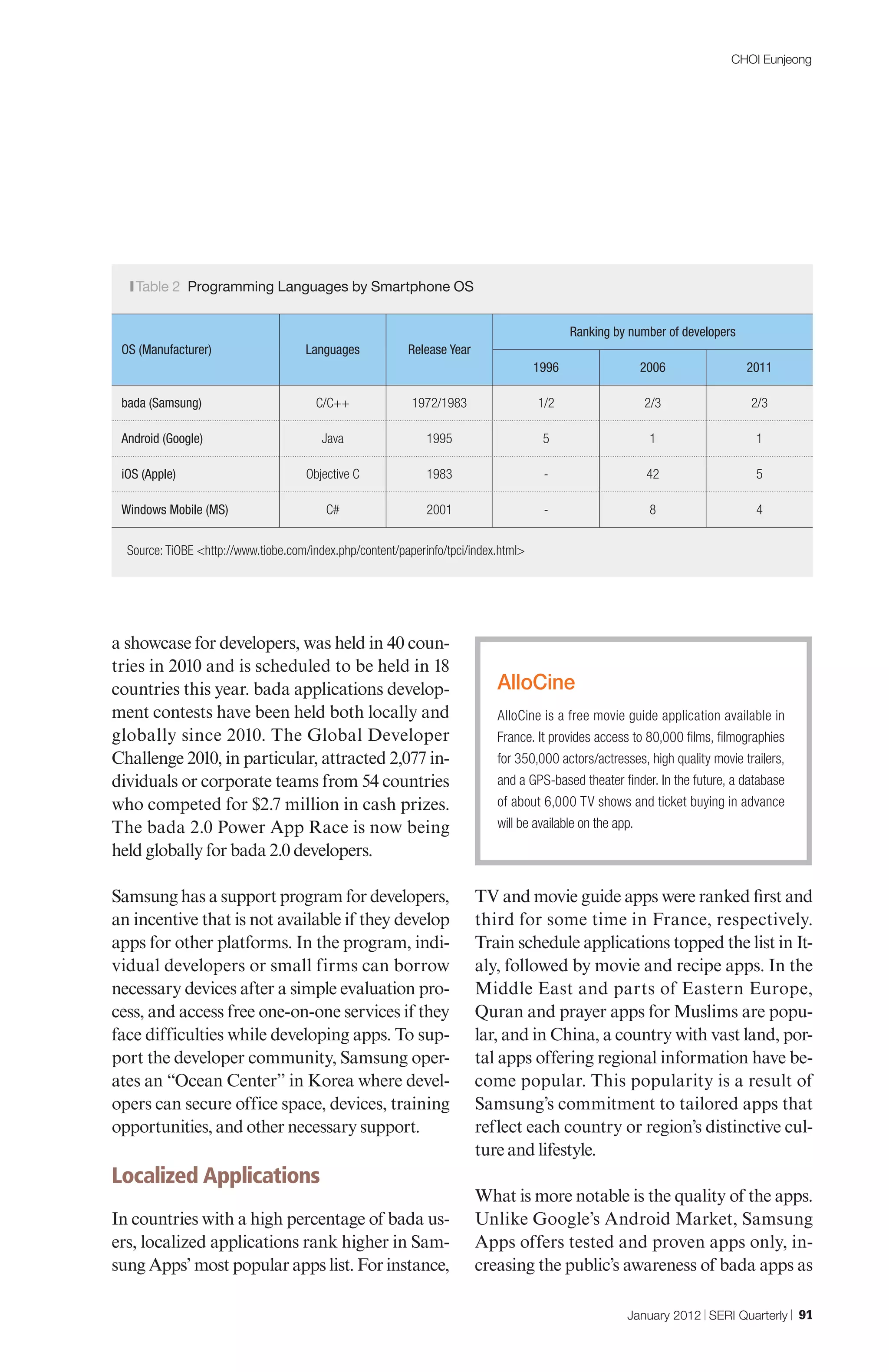CHOI Eunjeong




  |Table   2 Programming Languages by Smartphone OS


                                                                                            Ranking by number of developers
 OS (Manufacturer)                   Languages            Release Year
                                                                                     1996                2006                 2011

 bada (Samsung)                        C/C++               1972/1983                 1/2                 2/3                   2/3

 Android (Google)                        Java                 1995                    5                   1                     1

 iOS (Apple)                         Objective C              1983                    -                   42                    5

 Windows Mobile (MS)                      C#                  2001                    -                   8                     4


  Source: TiOBE <http://www.tiobe.com/index.php/content/paperinfo/tpci/index.html>




a showcase for developers, was held in 40 coun-
tries in 2010 and is scheduled to be held in 18
countries this year. bada applications develop-                             AlloCine
ment contests have been held both locally and                               AlloCine is a free movie guide application available in
globally since 2010. The Global Developer                                   France. It provides access to 80,000 ﬁlms, ﬁlmographies
Challenge 2010, in particular, attracted 2,077 in-                          for 350,000 actors/actresses, high quality movie trailers,
dividuals or corporate teams from 54 countries                              and a GPS-based theater ﬁnder. In the future, a database
who competed for $2.7 million in cash prizes.                               of about 6,000 TV shows and ticket buying in advance
The bada 2.0 Power App Race is now being                                    will be available on the app.
held globally for bada 2.0 developers.

Samsung has a support program for developers,                            TV and movie guide apps were ranked first and
an incentive that is not available if they develop                       third for some time in France, respectively.
apps for other platforms. In the program, indi-                          Train schedule applications topped the list in It-
vidual developers or small firms can borrow                              aly, followed by movie and recipe apps. In the
necessary devices after a simple evaluation pro-                         Middle East and parts of Eastern Europe,
cess, and access free one-on-one services if they                        Quran and prayer apps for Muslims are popu-
face difficulties while developing apps. To sup-                         lar, and in China, a country with vast land, por-
port the developer community, Samsung oper-                              tal apps offering regional information have be-
ates an “Ocean Center” in Korea where devel-                             come popular. This popularity is a result of
opers can secure office space, devices, training                         Samsung’s commitment to tailored apps that
opportunities, and other necessary support.                              reflect each country or region’s distinctive cul-
                                                                         ture and lifestyle.
Localized Applications
                                                                         What is more notable is the quality of the apps.
In countries with a high percentage of bada us-                          Unlike Google’s Android Market, Samsung
ers, localized applications rank higher in Sam-                          Apps offers tested and proven apps only, in-
sung Apps’ most popular apps list. For instance,                         creasing the public’s awareness of bada apps as

                                                                                                      January 2012 | SERI Quarterly | 91
 